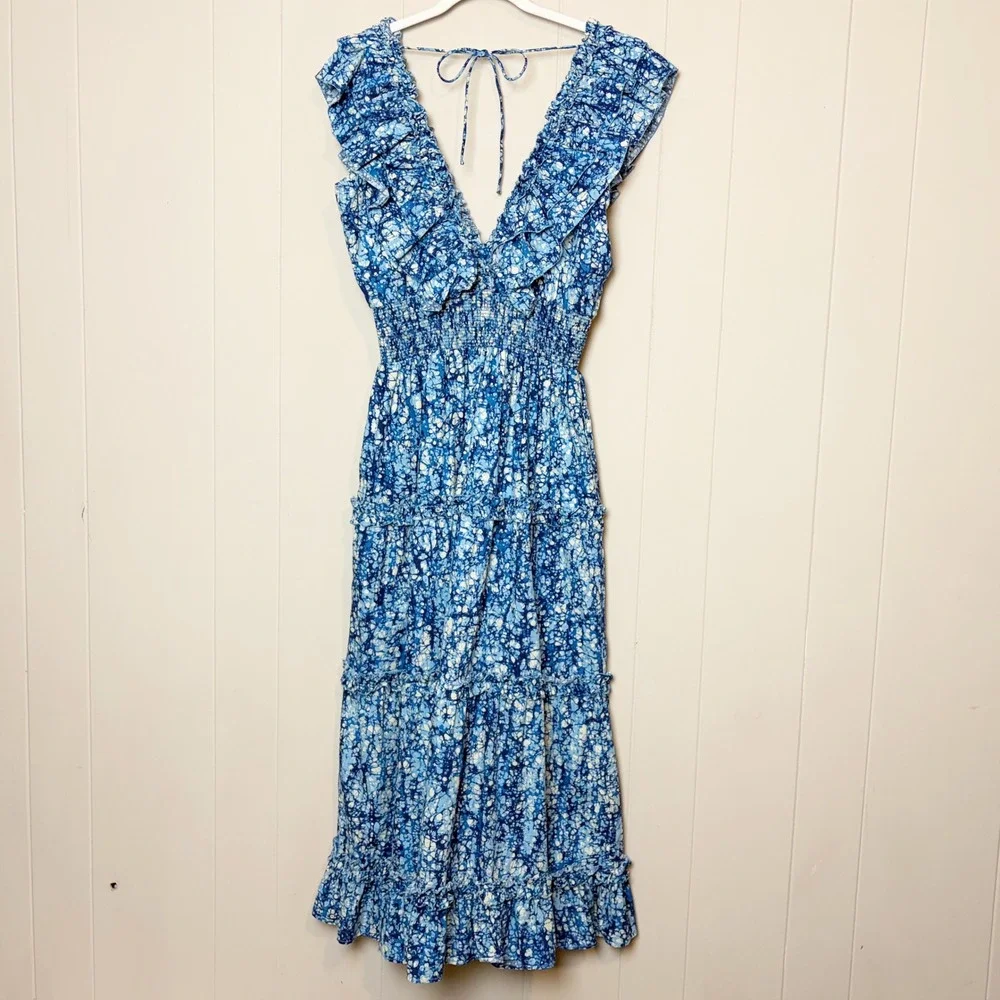 Love The Label Azalea Tiered Ruffle Midi Dress Large Blue Batik Floral Smocked